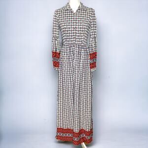 Vintage 70s women's white floral print collared long sleeve maxi dress Small